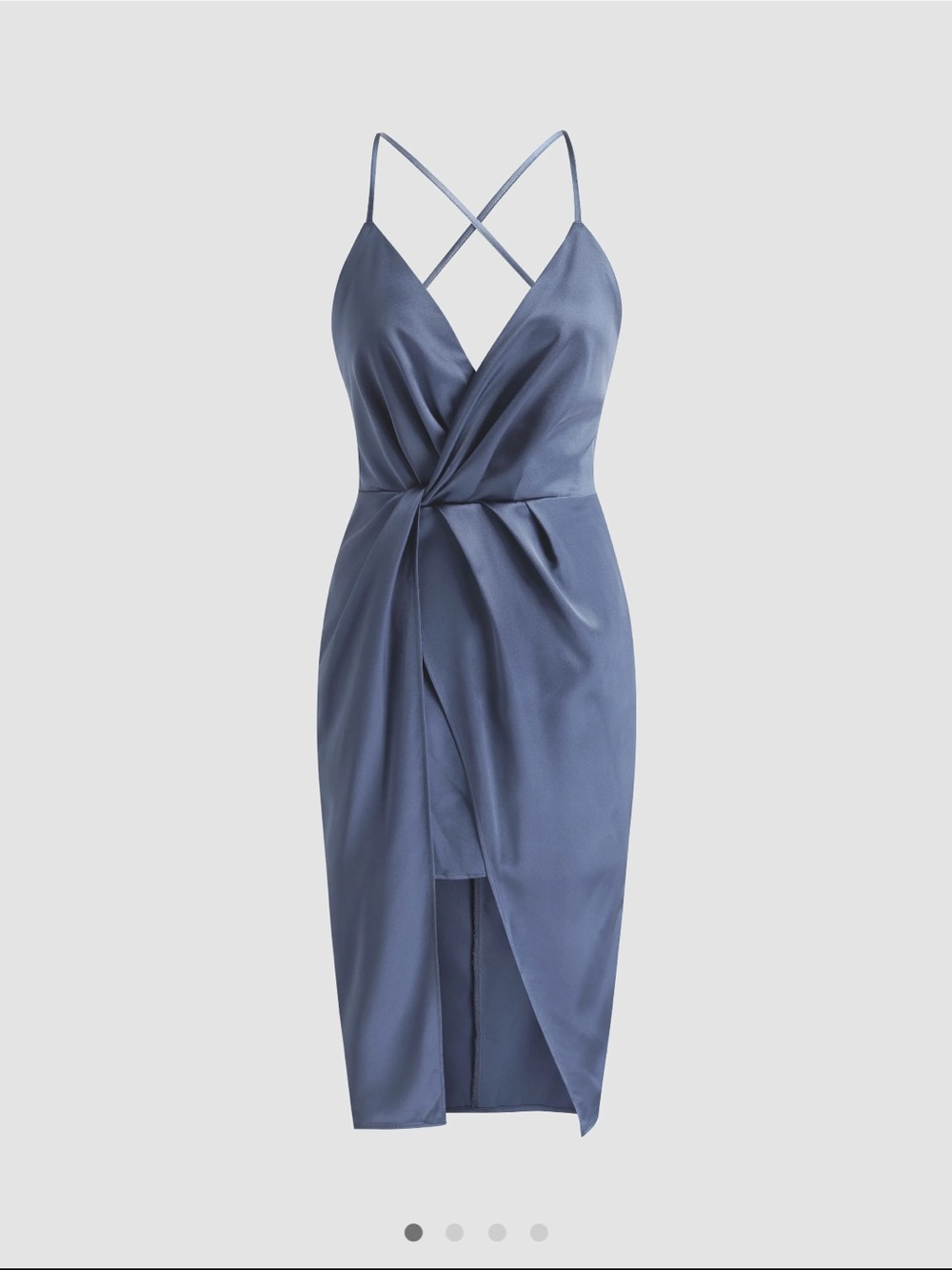 Cider Slate Blue Satin Wrap Midi Dress with Crisscross Straps